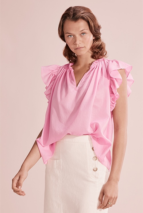 Candy Pink Ruffle Neck Blouse - Shirts | Country Road