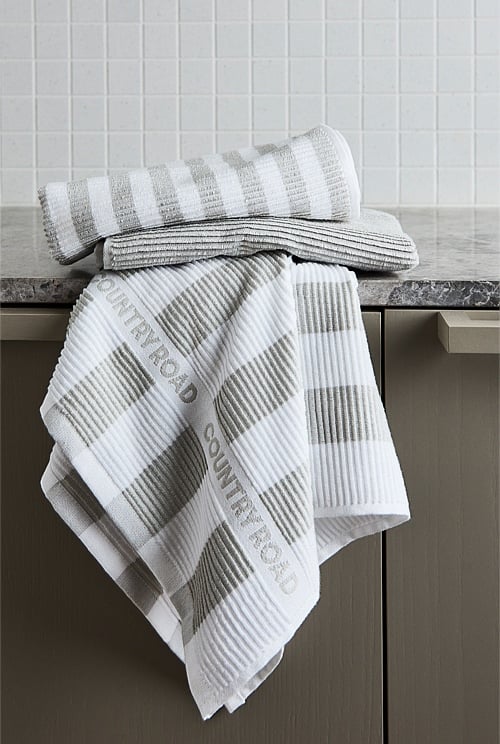 Pale Grey Australian Cotton CR Stripe Tea Towel Pack of 3