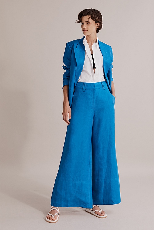 Moroccan Blue Organically Grown French Linen Wide Leg Pant - Pants