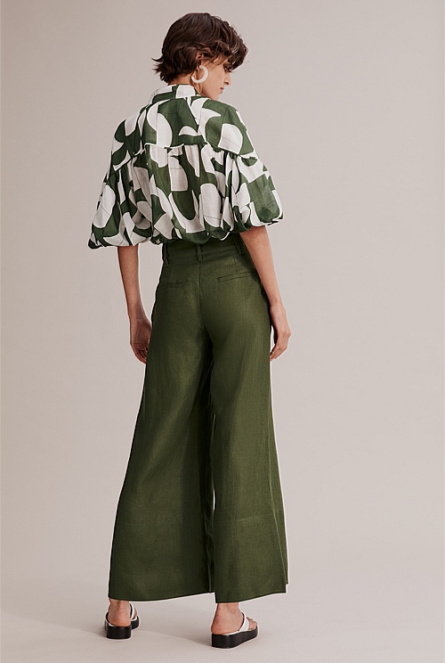 Olive Green Organically Grown French Linen Wide Leg Pant - Pants | Country  Road