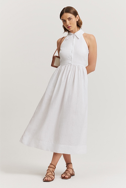 White Organically Grown Linen Collared Maxi Dress Dresses