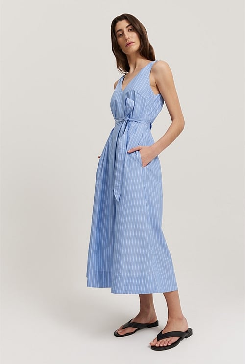 Cornflower Stripe Australian Cotton V Neck Midi Dress Dresses Country Road