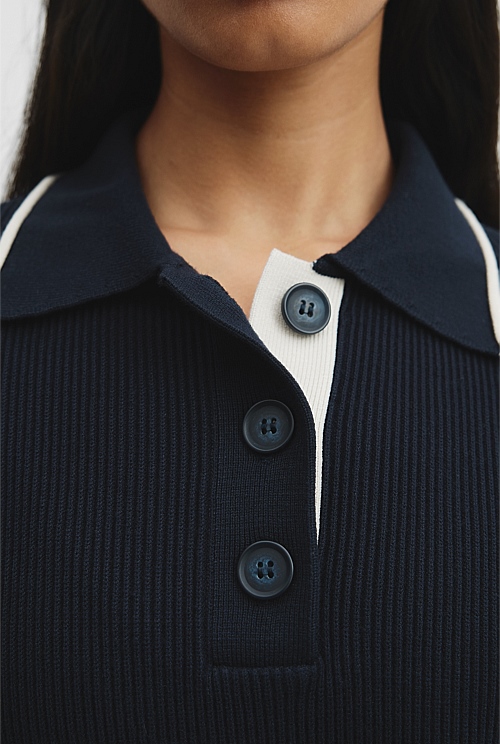 Midnight Blue Rib Knit Polo Dress - Knitwear | Country Road Midnight Blue Rib Knit Polo Dress - Knitwear | Country Road