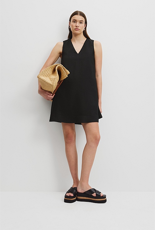 Black Organically Grown Linen A-Line Mini Dress - Holiday